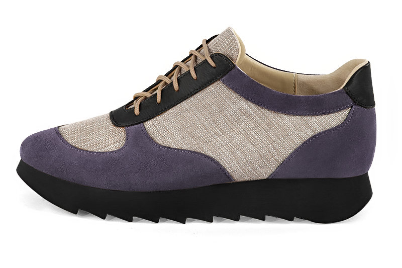 Lavender purple and satin black women's three-tone elegant sneakers. Round toe. Low rubber soles. Profile view - Florence KOOIJMAN